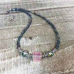 Lampwork Glass Cube Choker with Raised Detail, Metallic Ink Glass Green Beads